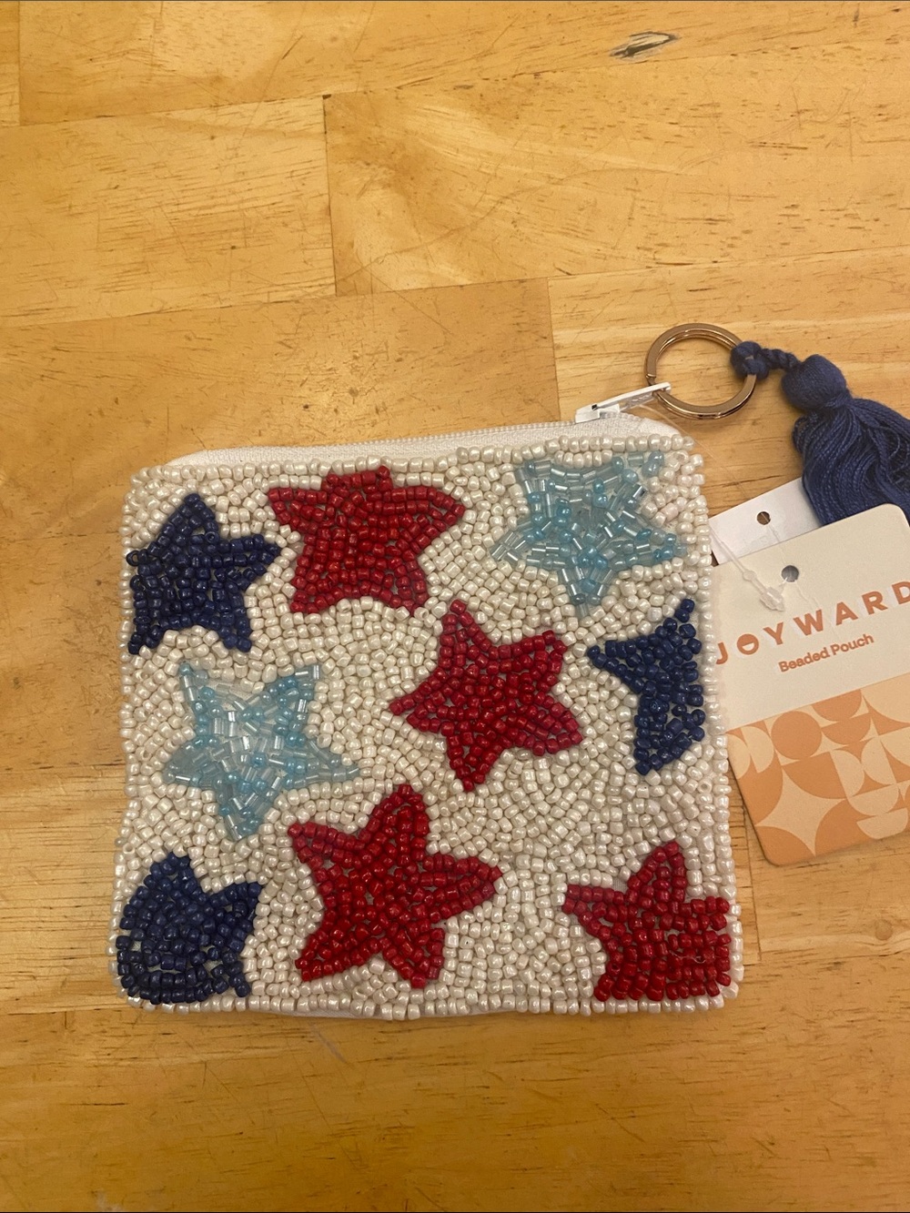 Joyward Beaded patriotic Star Coin Pouch w tassel & key ring NWT